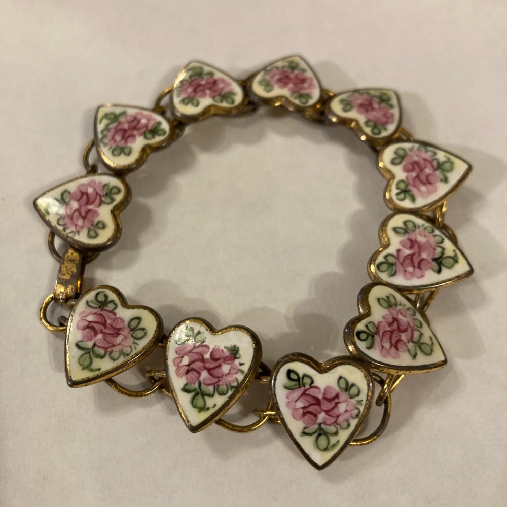 Antique pink roses hand painted floral enamel hearts bracelet
